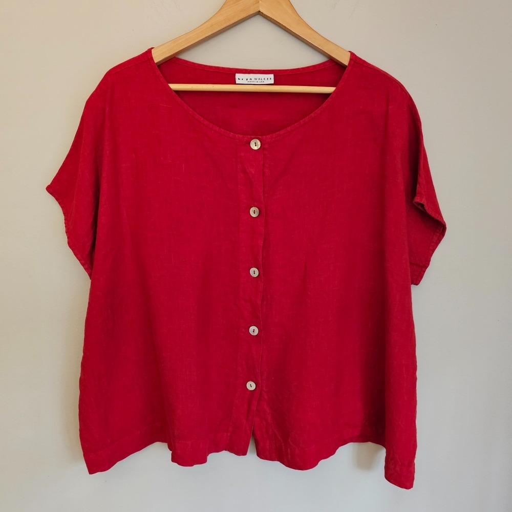 Bryn Walker Womens M Red 100% Linen Bessie Boxy Top Button Front Made in USA